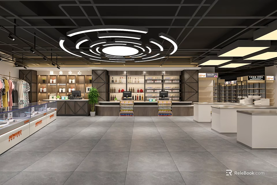 Modern Supermarket Interior With Spacious Layout Shelves Checkout Counters And Circular Lighting 3d model 