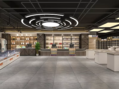 Modern Supermarket Interior With Spacious Layout Shelves Checkout Counters And Circular Lighting 3d model