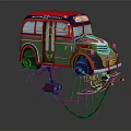 Vintage Bus Floating with Decorative Red and Green Body and Illuminated Lights on Support Structure