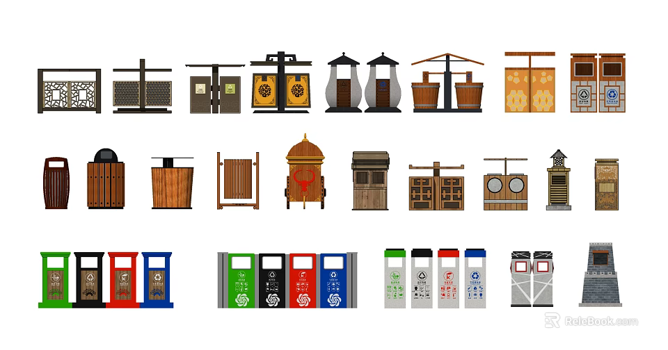 Public Facilities Trash Bins With Classification Different Styles And Colors 3d model 