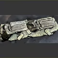 Scenic Ruined Stone Pillar Sculpture with Earth Yellow Gray Hues Worn Traces and Green Moss