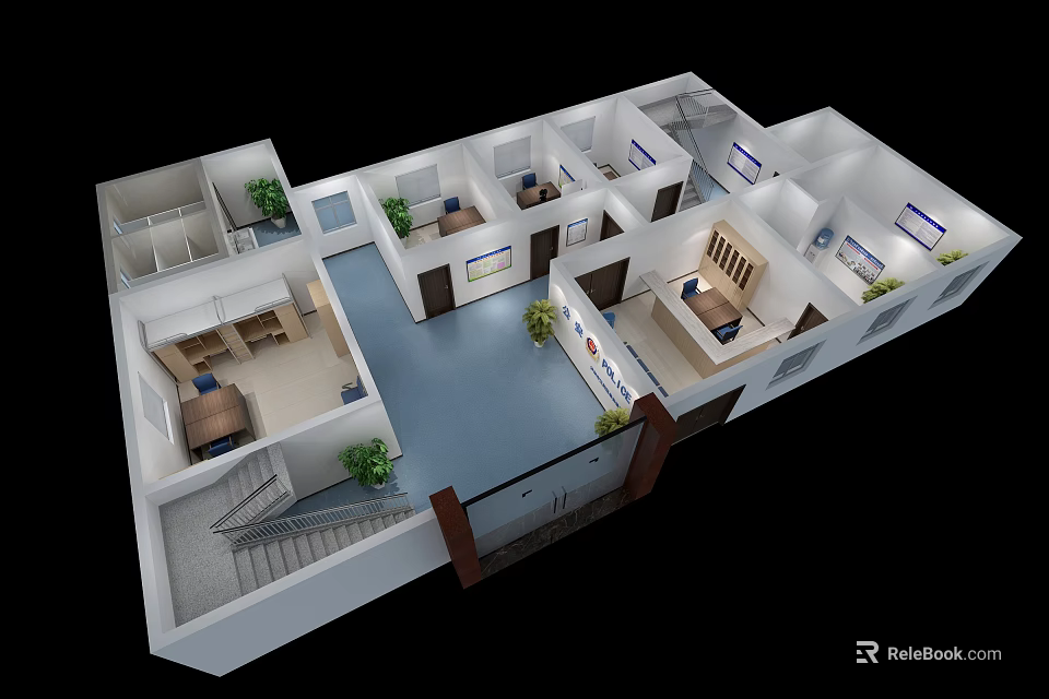 Bird's Eye View Modern Interior Floor Plan With Multiple Rooms Staircase And Plants 3d model 