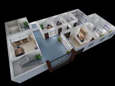 Bird's Eye View Modern Interior Floor Plan With Multiple Rooms Staircase And Plants 3d model
