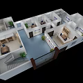 Bird's Eye View Modern Interior Floor Plan With Multiple Rooms Staircase And Plants