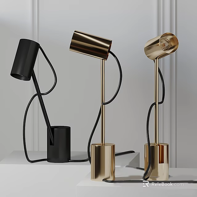 Modern Black and Gold Table Lamps with Curved Arms and Cylindrical Bases 3d model 