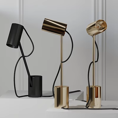 Modern Black and Gold Table Lamps with Curved Arms and Cylindrical Bases 3d model