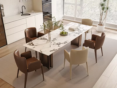 Modern Dining Table Set With Marble Top Brown And Beige Chairs And Decorative Plants 3d model