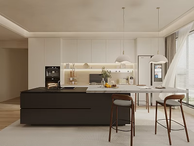 Modern Restaurant Kitchen With Island Counter Pendant Lights And Bar Stools 3d model
