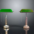 Two Vintage Table Lamps With Green Lampshades And Contrasting Metallic Aged Bases