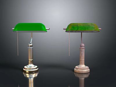 Two Vintage Table Lamps With Green Lampshades And Contrasting Metallic Aged Bases 3d model
