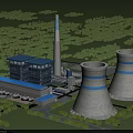 Large Industrial Plant With Cooling Towers Chimney And Multi Story Blue Roof Buildings