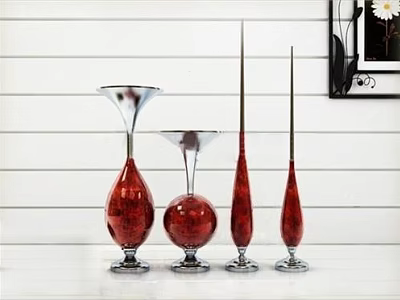 Elegant Red Decorative Ornament Set with Silver Bases Various Shapes on White Wooden Wall 3d model