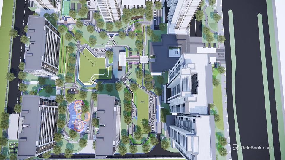 Urban Garden Landscape Design With Green Lawn Playground And Surrounding High Rise Buildings 3d model 