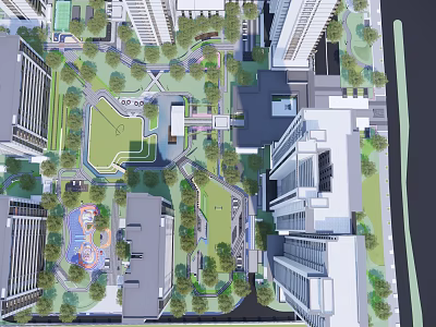Urban Garden Landscape Design With Green Lawn Playground And Surrounding High Rise Buildings 3d model