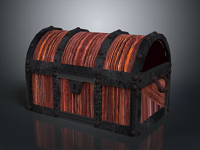Vintage Wooden Treasure Chest With Brown Stripe And Black Metal Lock 3d model