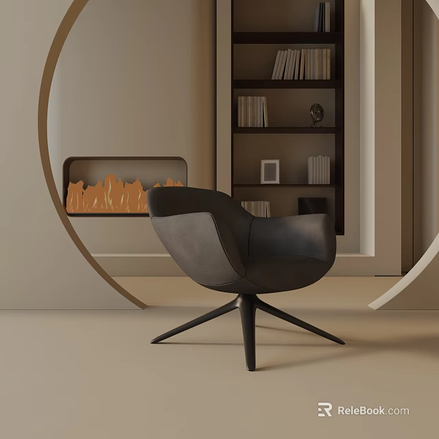 Modern Black Leisure Chair With Swivel Base By Fireplace Flames And Bookshelf 3d model 