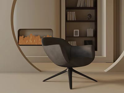 Modern Black Leisure Chair With Swivel Base By Fireplace Flames And Bookshelf 3d model