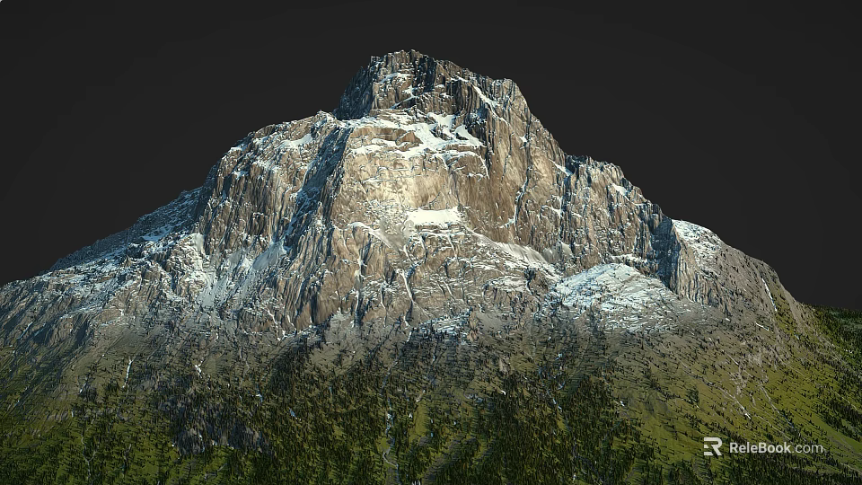 Rocky Snow Covered Mountain Peak Terrain With Green Vegetation At Base 3d model 