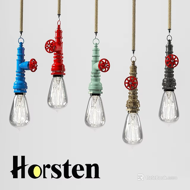 Colorful Industrial Style Pendant Lights With Metal Valves And Transparent Bulbs In Various Colors 3d model 