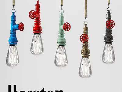 Colorful Industrial Style Pendant Lights With Metal Valves And Transparent Bulbs In Various Colors 3d model