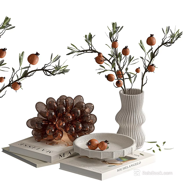 Elegant Ceramic Tea Set With Pomegranate Branches Vase Decorative Plate And Books 3d model 
