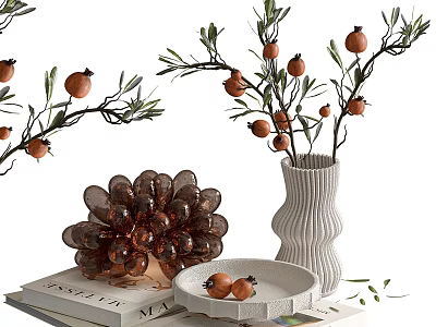 Elegant Ceramic Tea Set With Pomegranate Branches Vase Decorative Plate And Books 3d model