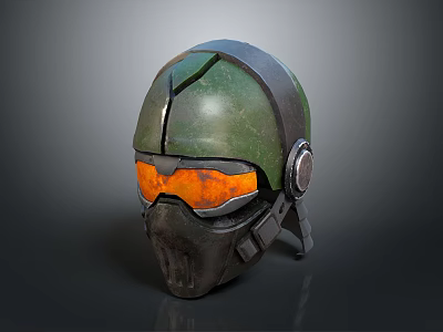 Tactical Combat Weapon Helmet Featuring Green Armor Orange Goggles And Metallic Parts Design 3d model