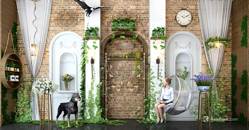Transparent Spherical Hanging Chair In Interior With Brick Wall Archway Green Plants And Clock 3d model 