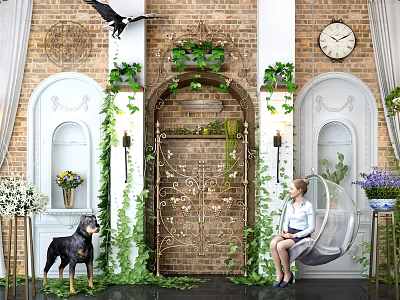 Transparent Spherical Hanging Chair In Interior With Brick Wall Archway Green Plants And Clock 3d model