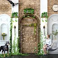Transparent Spherical Hanging Chair In Interior With Brick Wall Archway Green Plants And Clock