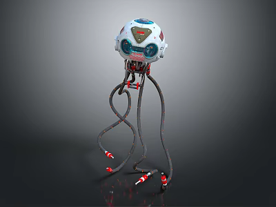 Mechanical Jellyfish Robot With White Dome And Red Tipped Tentacles 3d model