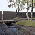 Serene Feature Wall In Garden With Trees Stone Path Stream And Grass Area