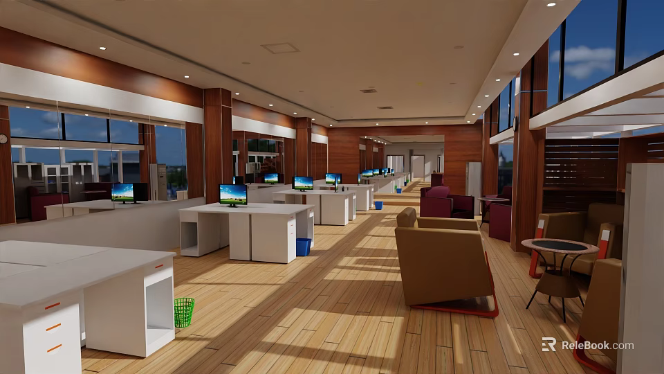 Modern Public Office Area With Open Layout Desks Computers And Wooden Flooring 3d model 