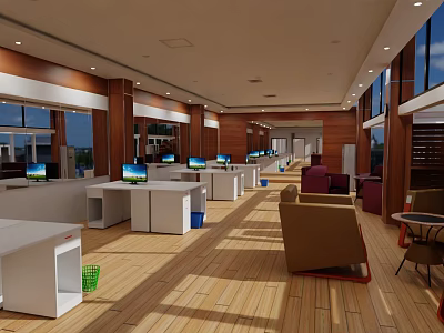 Modern Public Office Area With Open Layout Desks Computers And Wooden Flooring 3d model