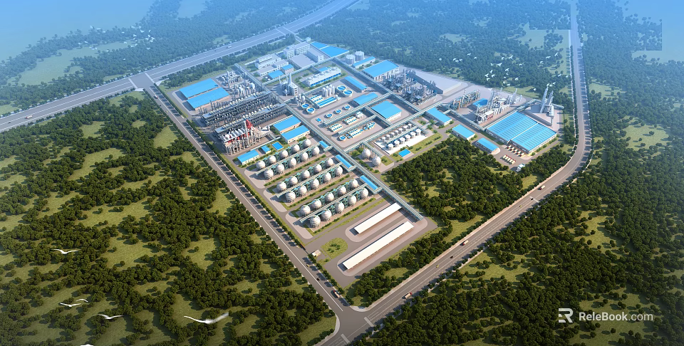 Large scale Industrial Plant Complex Featuring Multiple Buildings Storage Tanks Road Network and Surrounding Greenery 3d model 
