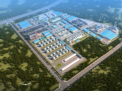 Bird's-eye view of sewage treatment plant factory building factory area industrial park water purification plant sewage treatment tree bird's-eye view of plant production and processing oxalic acid factory building bird 3d model