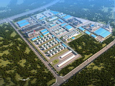 Large scale Industrial Plant Complex Featuring Multiple Buildings Storage Tanks Road Network and Surrounding Greenery 3d model