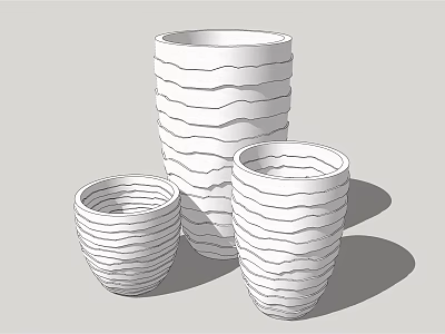 Three Modern White Flower Pots With Wavy Striped Texture For Garden Use 3d model