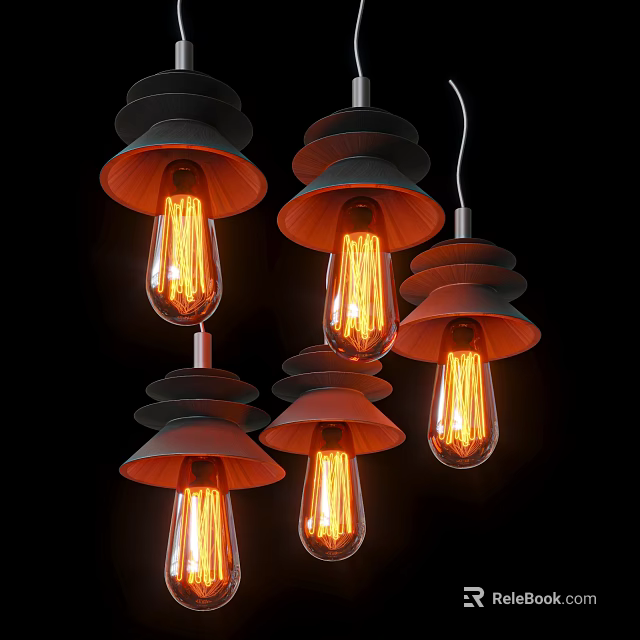 Modern Multi Chandeliers with Layered Dark Shades and Illuminated Vintage Filament Bulbs 3d model 