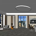 Modern Office Interior Featuring Sofa Coffee Table Desk Chairs Bookshelves And Large Windows