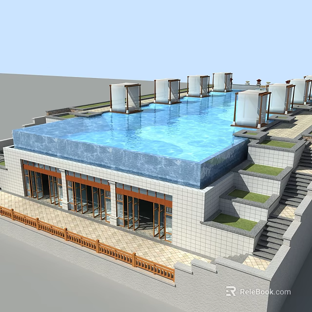 Modern Rooftop Swimming Pool Facility With Glass Doors Shade Structures And Green Plants 3d model 