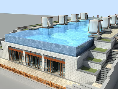 Modern Rooftop Swimming Pool Facility With Glass Doors Shade Structures And Green Plants 3d model