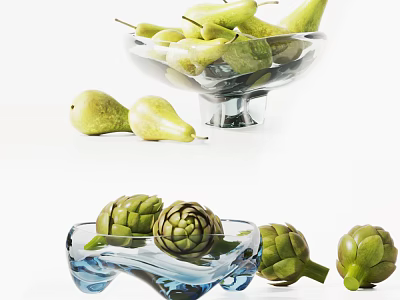 Decorative Ceramic Vessels Displaying Fresh Pears And Artichokes On White Background 3d model