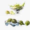 Decorative Ceramic Vessels Displaying Fresh Pears And Artichokes On White Background