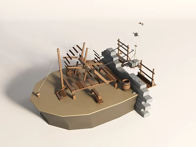Miniature Cartoon Scene With Wooden Windmill Barrels Stone Wall And Platform 3d model