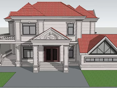Elegant Detached Villa Featuring Red Roof White Exterior And Classic Front Porch 3d model