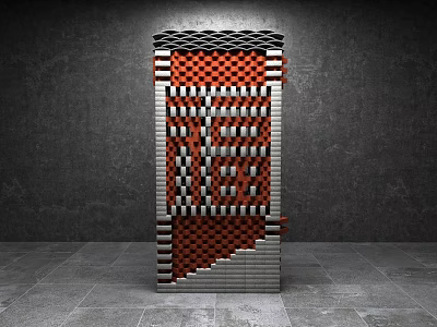 Vertical Structure With Red Black Checkered And White Gray Striped Modular Design On Gray Background 3d model
