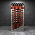 Vertical Structure With Red Black Checkered And White Gray Striped Modular Design On Gray Background