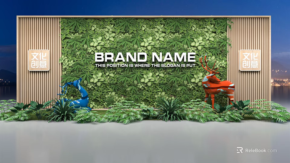 Lush Green Plant Wall with Wooden Stripe Background and Decorative Deer Statues 3d model 