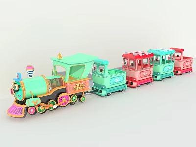 Colorful Playground Equipment Toy Train with Cartoon Engine and Multiple Colored Carriages for Kids 3d model